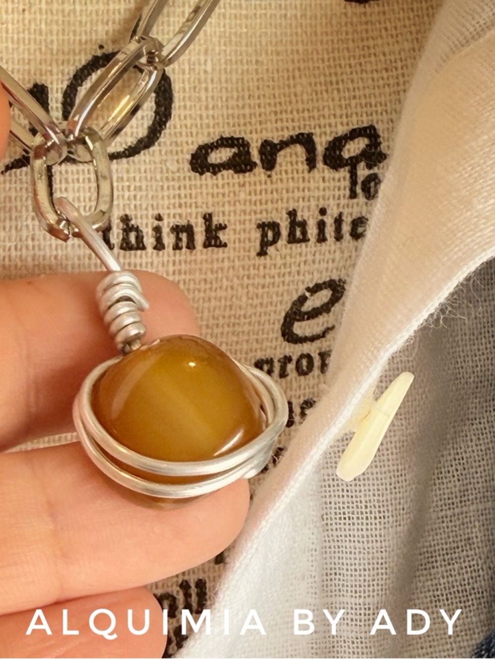 Silver Chain Necklace with Amber CARNELIAN Brown Pendant - Picture 3 of 4